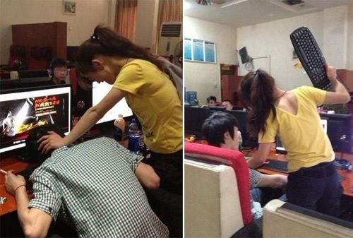 某玩家在论坛曝其朋友去网吧上网被一个女生的暴打,打人者在被围观