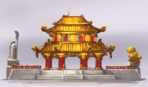 原画描绘了熊猫人之谜资料片中的一些宫殿建筑的设计,其中大多可以在图片