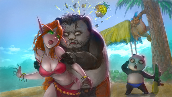 熊猫人父子画:海边嬉戏一定要讲文明!